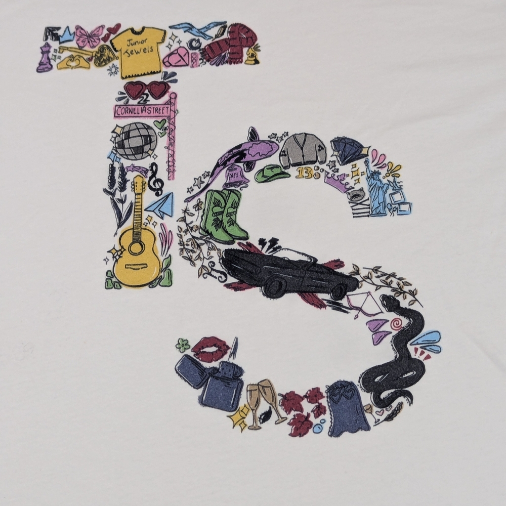 Taylor Swift Understated White Tee With Whimsical "TS" Graphics NWOT Large